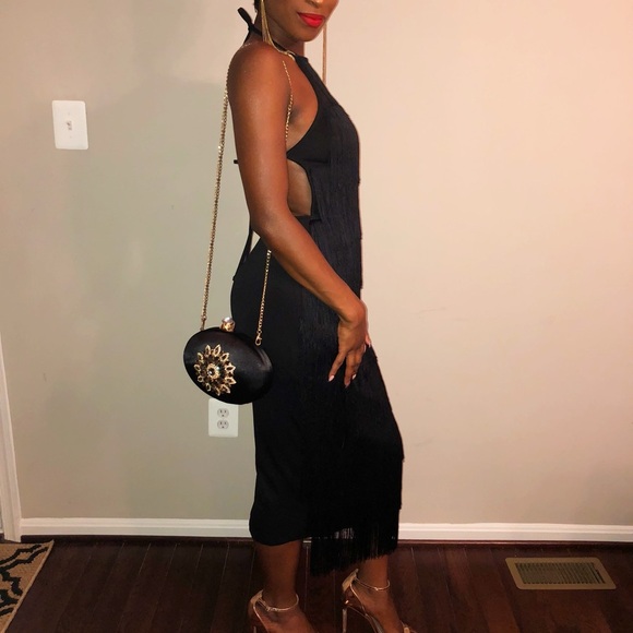 Black Fringe Backless Halter Dress - Picture 11 of 12